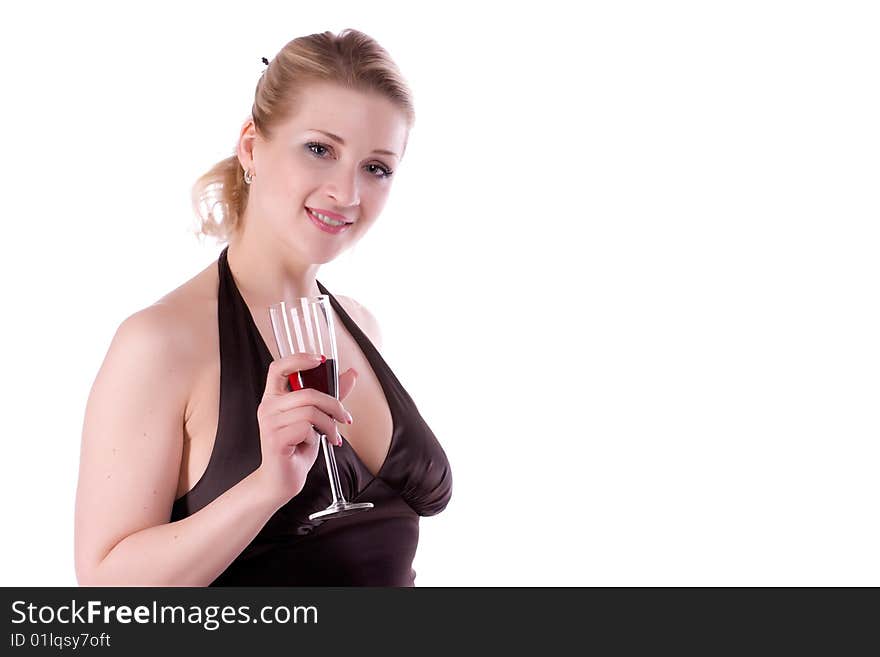 Woman in brown dress with a glass of wine on a white background. Woman in brown dress with a glass of wine on a white background