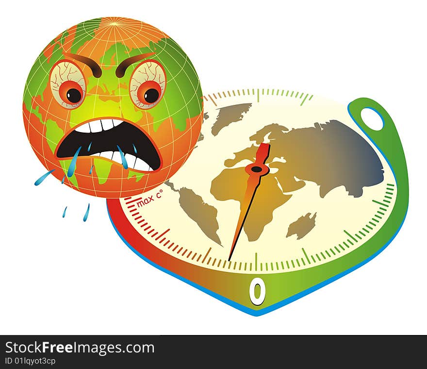 Cartoon illustration with angry globe and thermometer in clock form depicting global warming. Cartoon illustration with angry globe and thermometer in clock form depicting global warming.