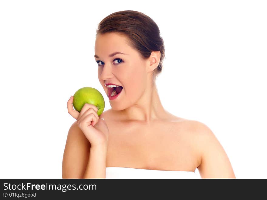 Young woman eating apple and smile over white background