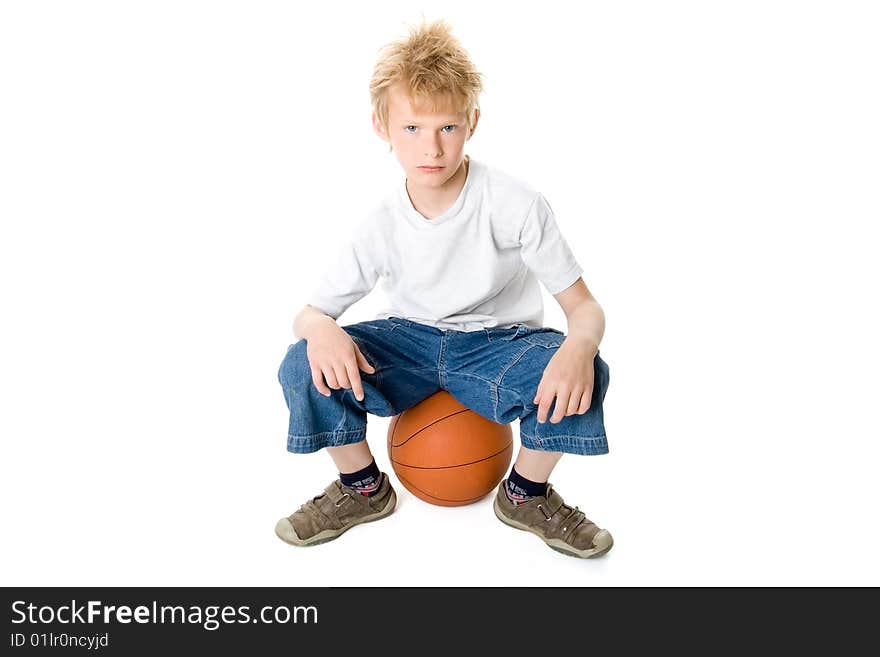 Young basketball player on a white background