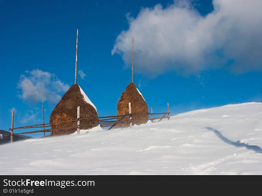 Snow on the roof of house and stair under snow