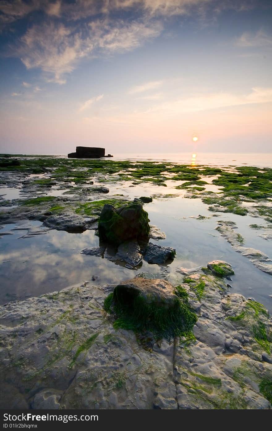 Sunrise at the Naze, essex with world war 2 pillbox