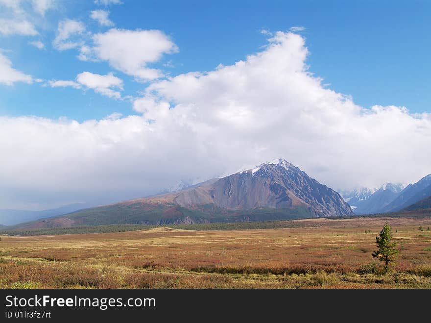 Mountain range with yellow grass valley