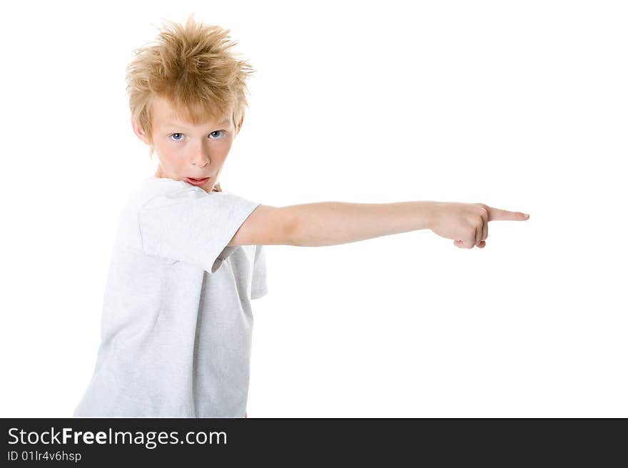 The boy shows to the right on a white background