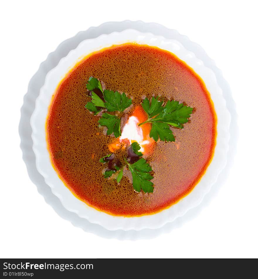 Soup from beet with sour cream, view from above, isolated on white. Soup from beet with sour cream, view from above, isolated on white