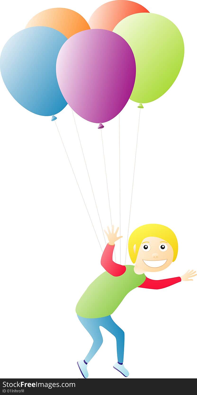 Happy boy flying on balloons