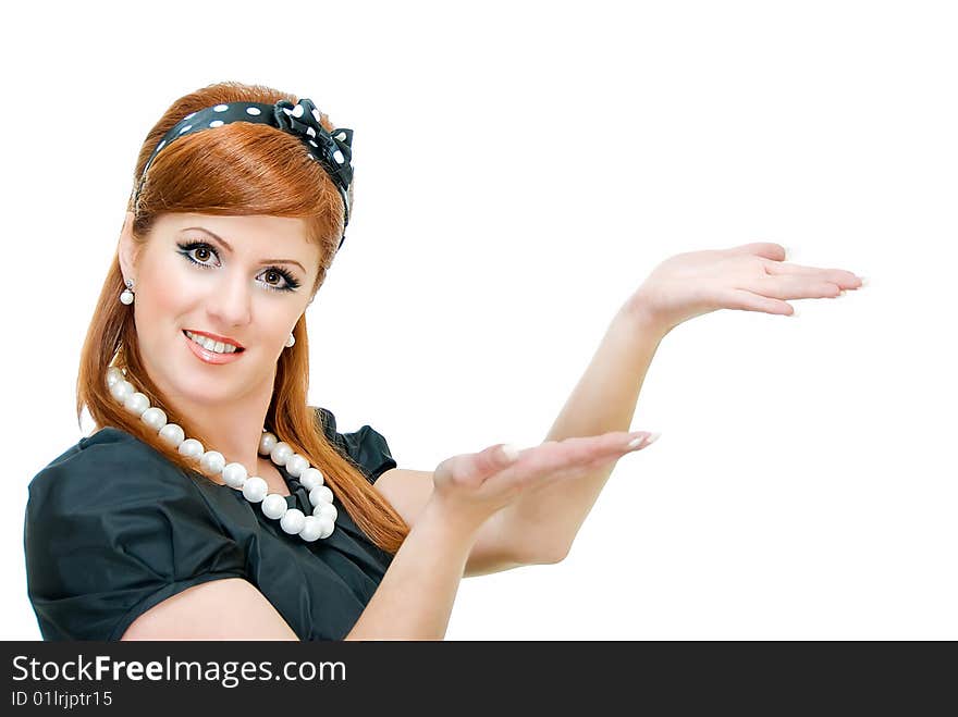 Young woman showing something on white background. Young woman showing something on white background