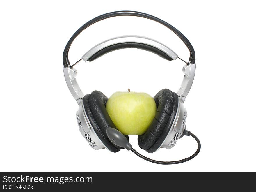 Apple in earphone insulated on white background. Apple in earphone insulated on white background