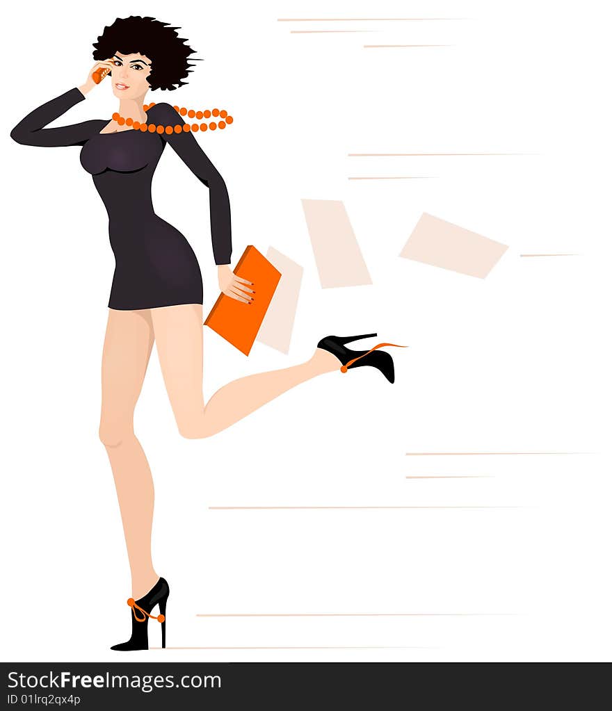 The running woman with phone and a folder with documents. The running woman with phone and a folder with documents