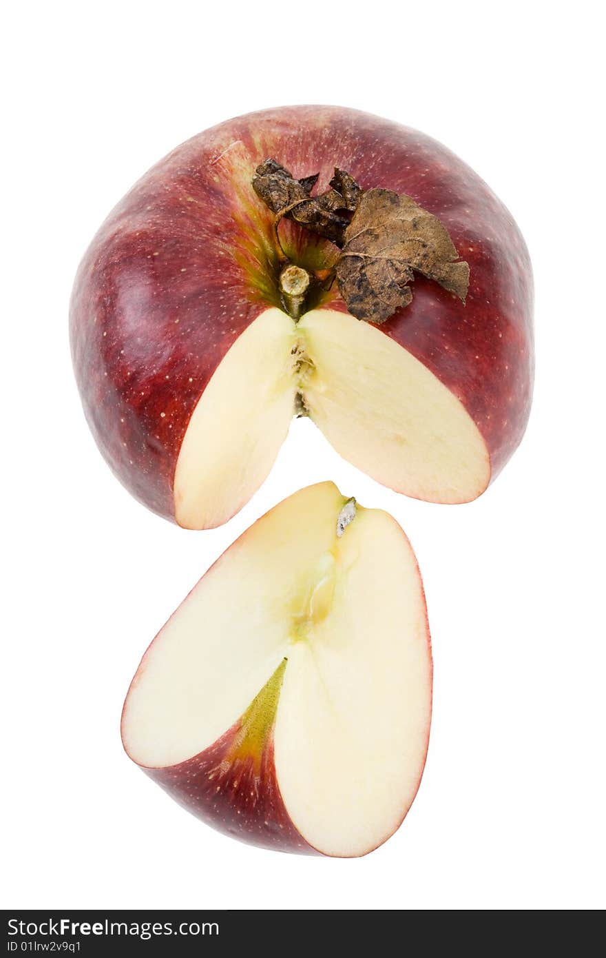 Red apple with dry leaf isolated. Clipping path