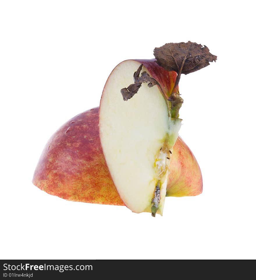 Red apple with dry leaf isolated. Clipping path