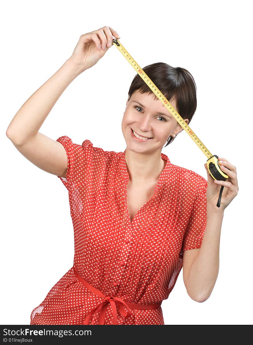 Young women with tape measure on white background. Young women with tape measure on white background