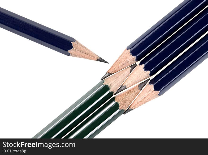 Kit of green and blue pencils on white background