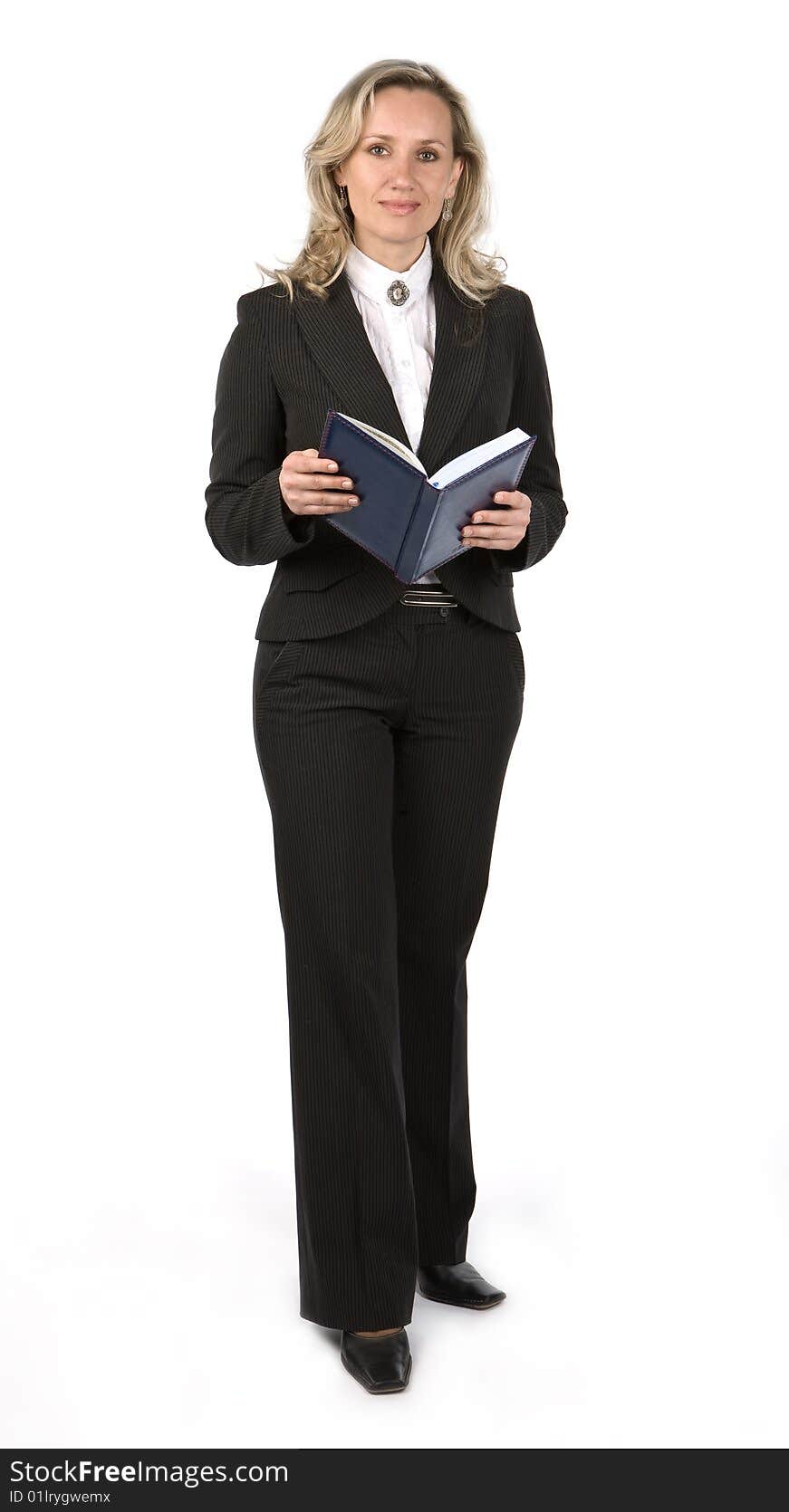 Businesswoman with book holding in hand on white background