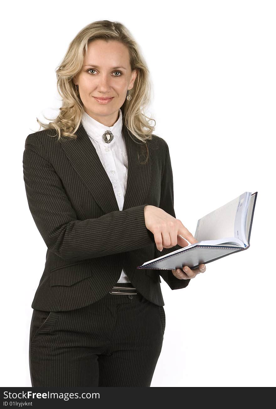 Businesswoman with book holding in hand on white background