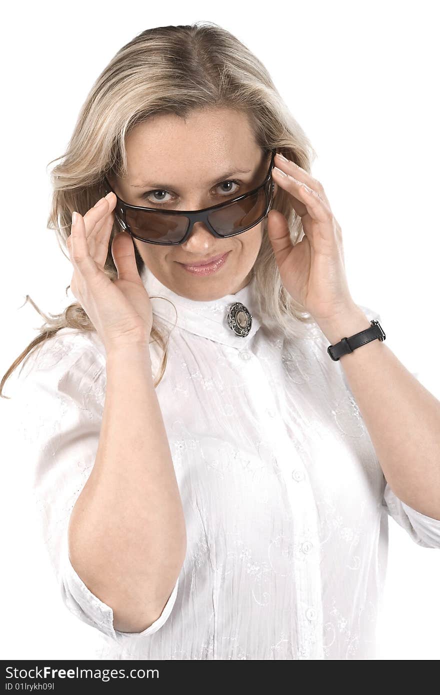 Young women with sunglasses. White shirt. White background.