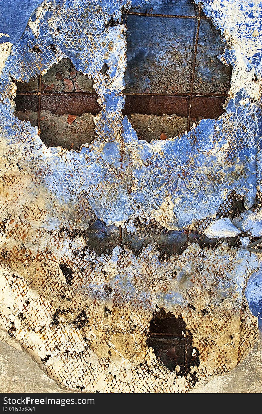 Blue room ceiling stucco peeling off.