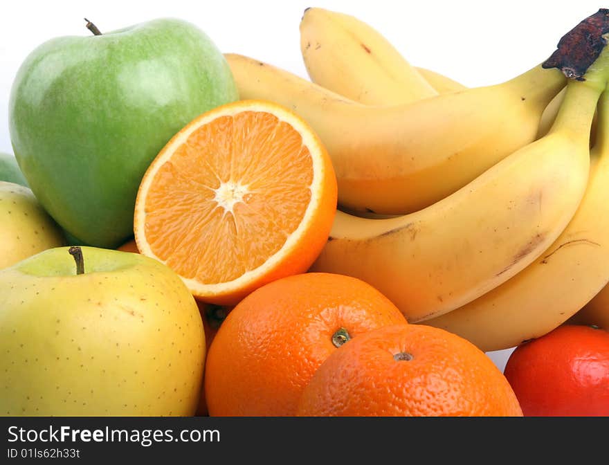 Group of fruits: orange, apple, bananas and a tangerine