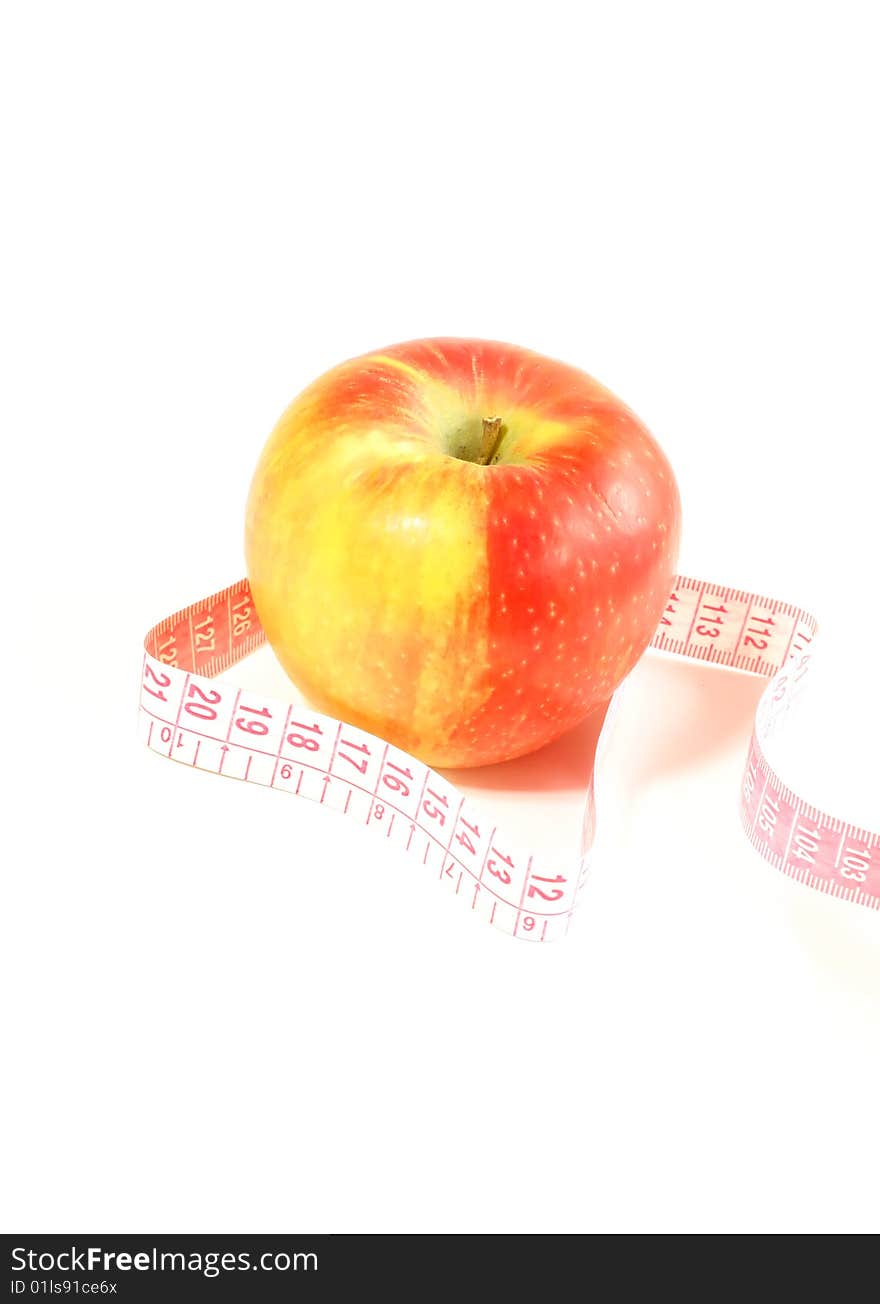 diet, apple and measuring tape isolated on white background