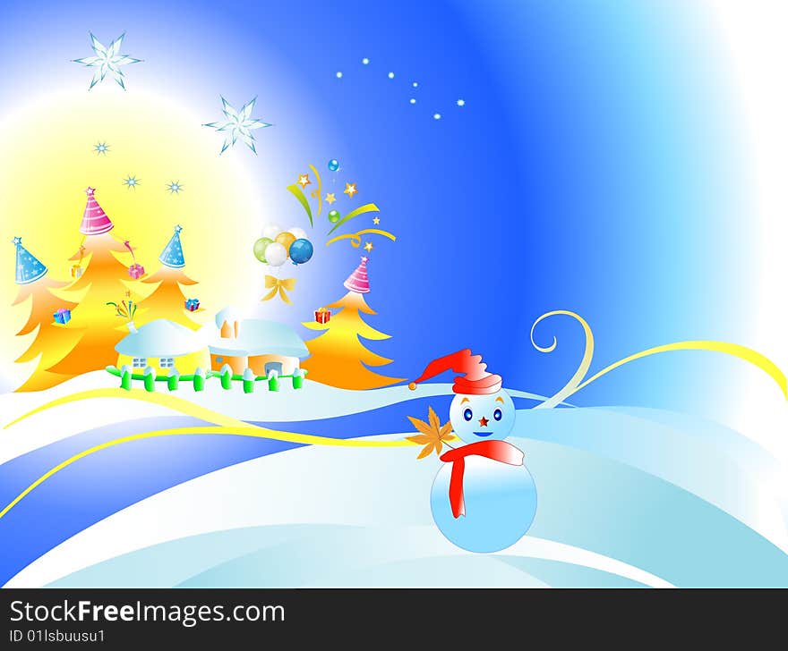 Illustration Of Shiny Christmas Tree And Snowman