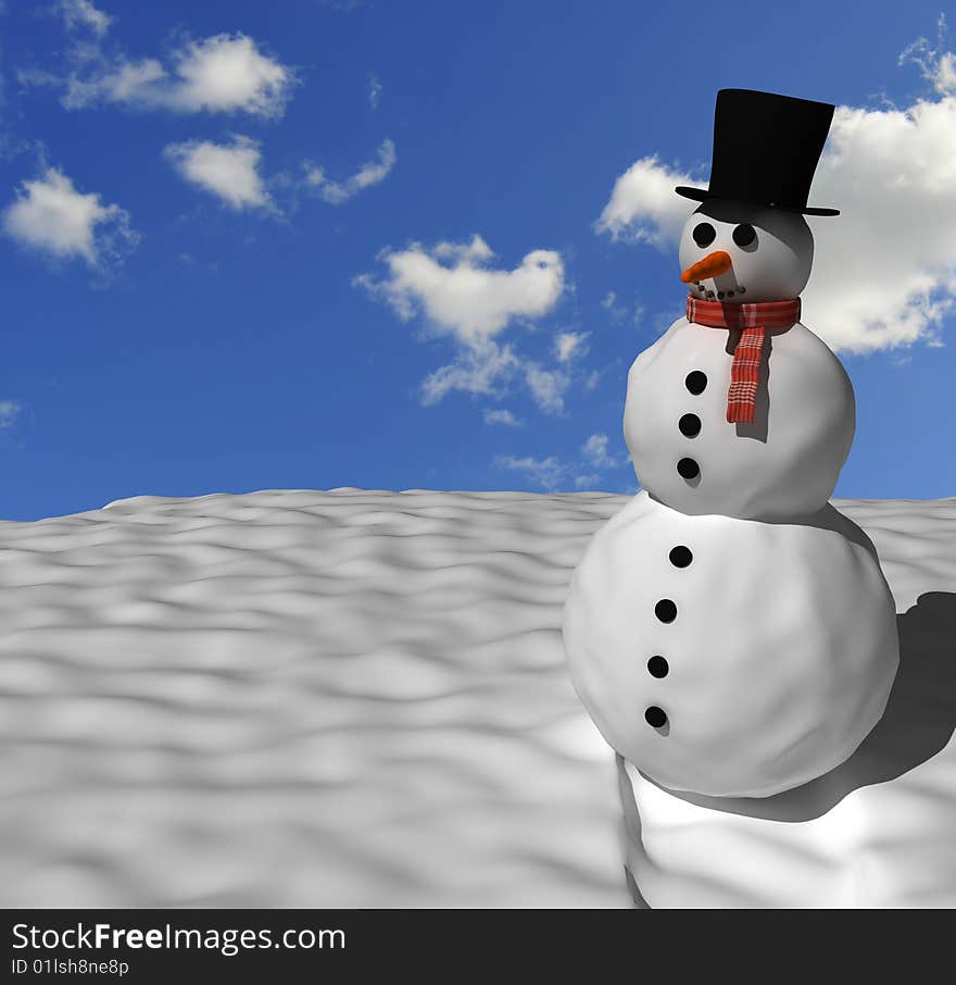 Nice looking snowman with perfect blue sky in the background.