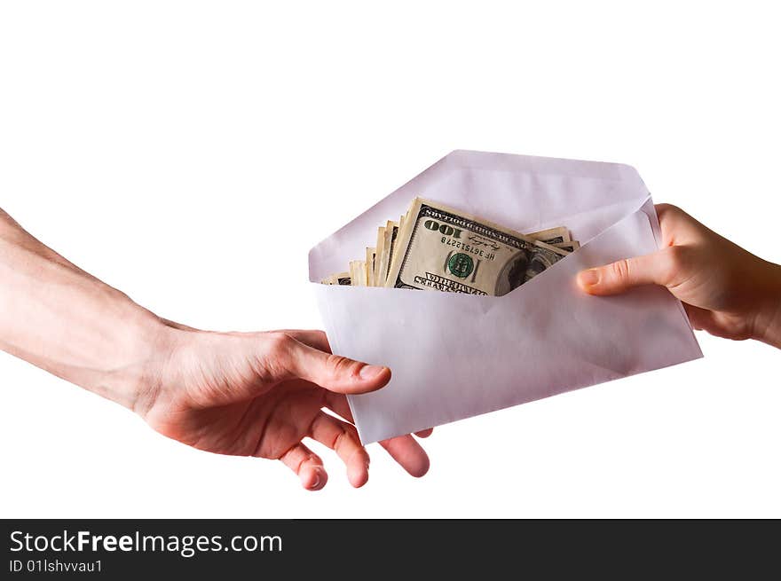 Hands and money banknotes on white with clipping path