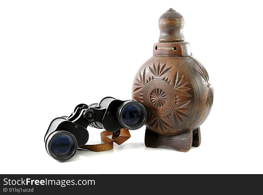 Old Binocular And Wooden Bottle