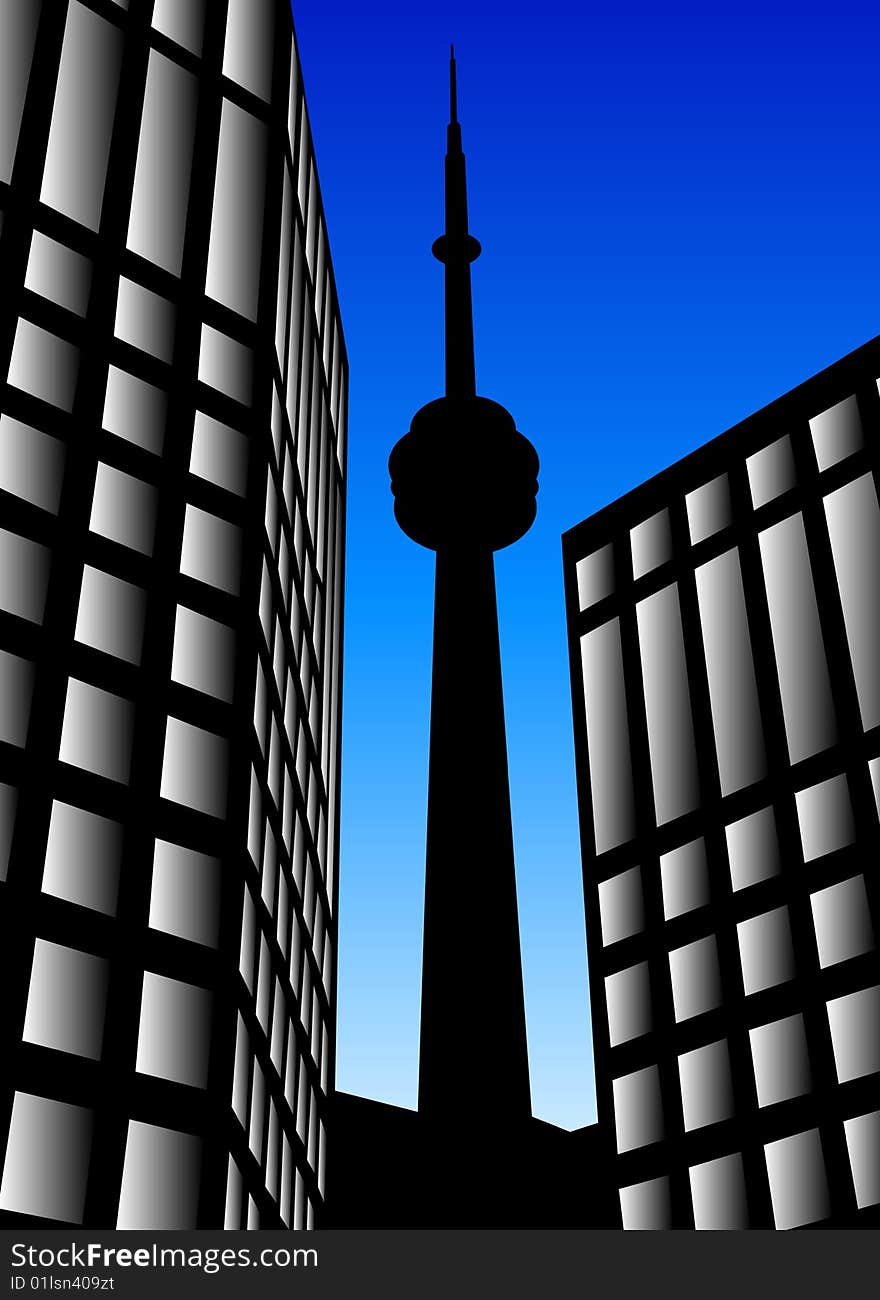 Silhouette of Tower between two buildings. Silhouette of Tower between two buildings