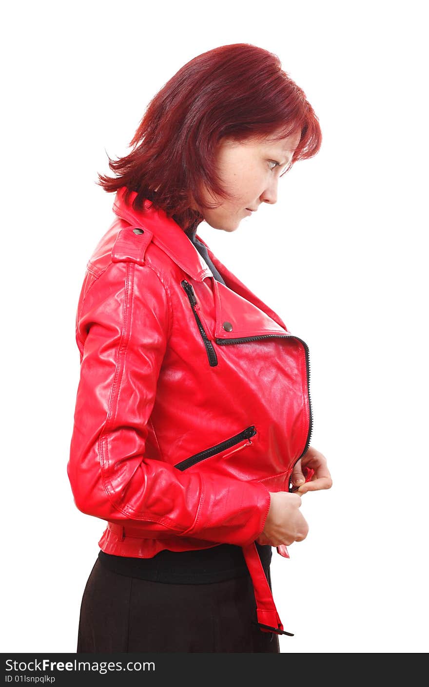 Woman in red jacket on white background