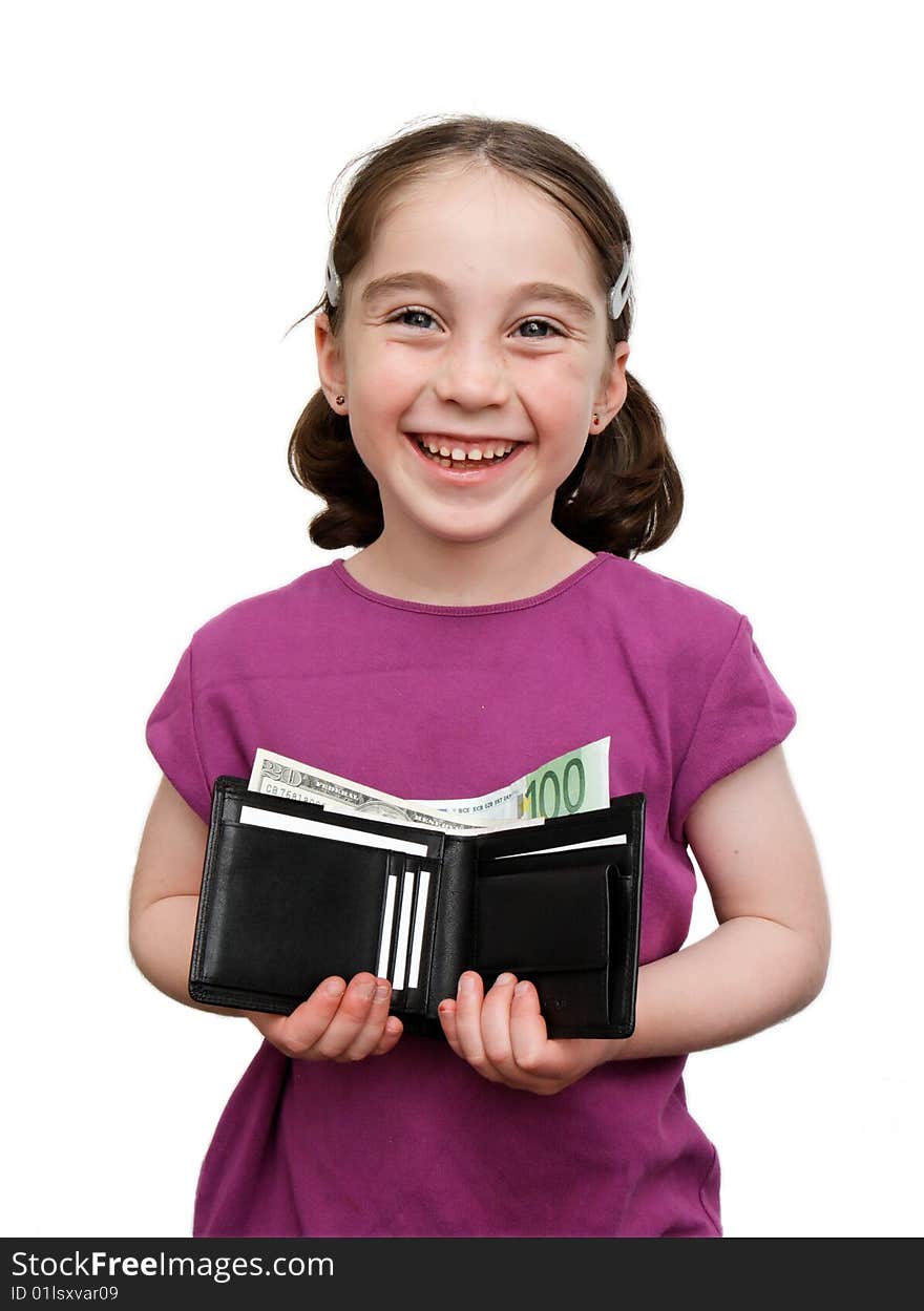 Smiling Little Girl Holds Wallet With Money