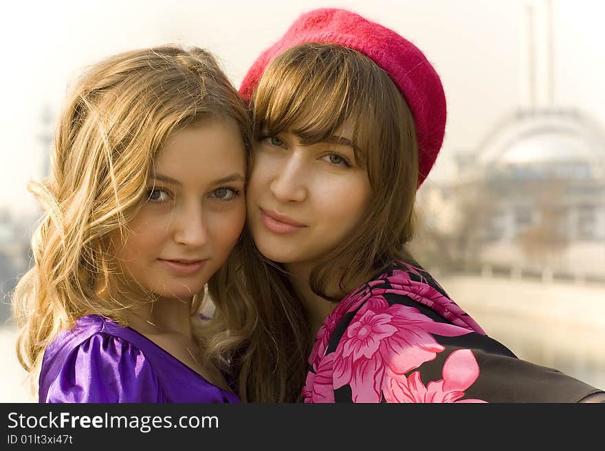 Blonde and brunette on a background Moscow