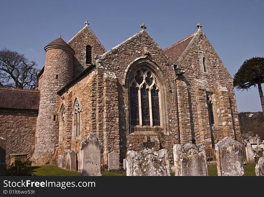 A beautiful church on an immaculate Jersey spring day with unusual round tower on the left. A beautiful church on an immaculate Jersey spring day with unusual round tower on the left.