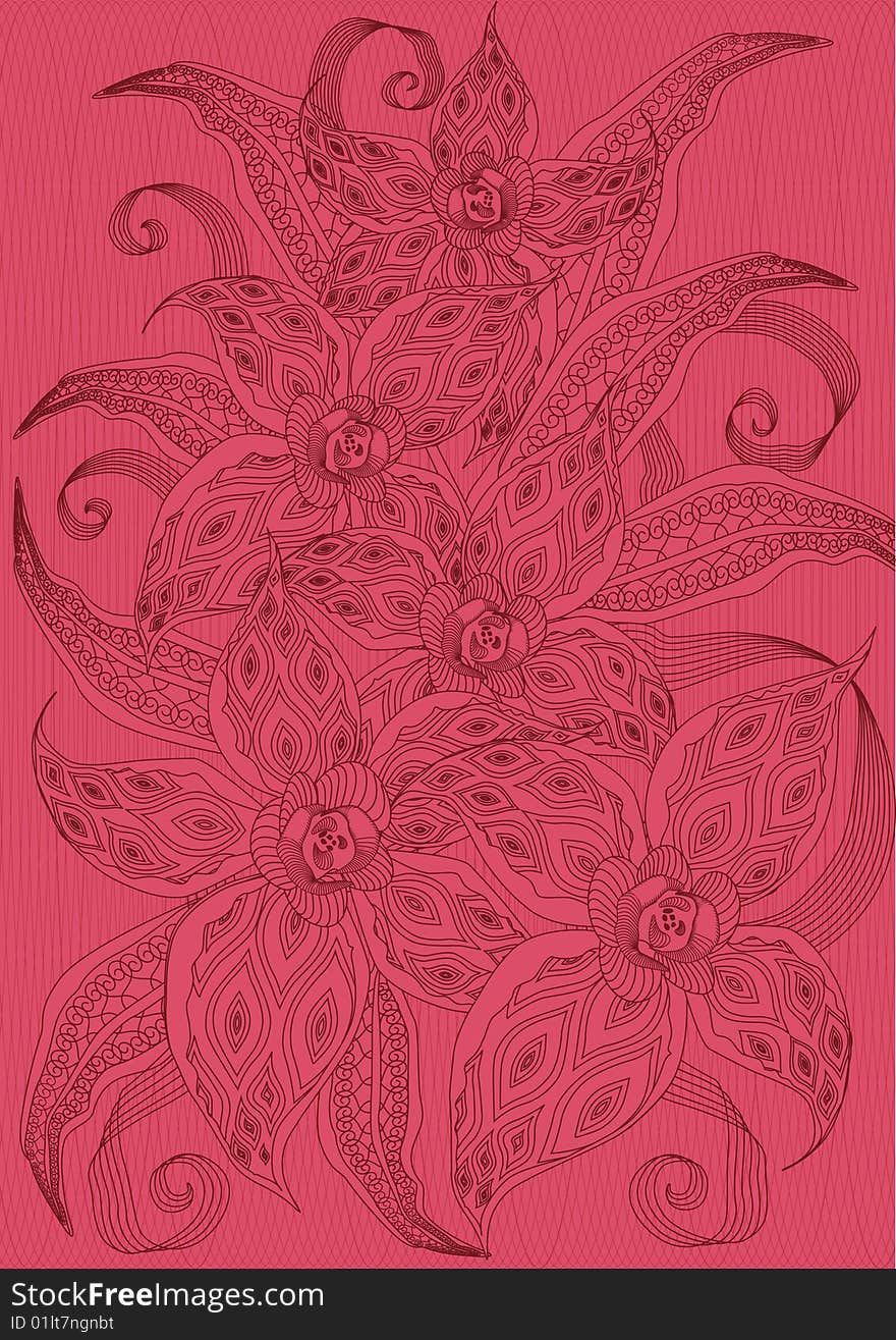 lilies with abstract patterns on a graphic crimson background. lilies with abstract patterns on a graphic crimson background