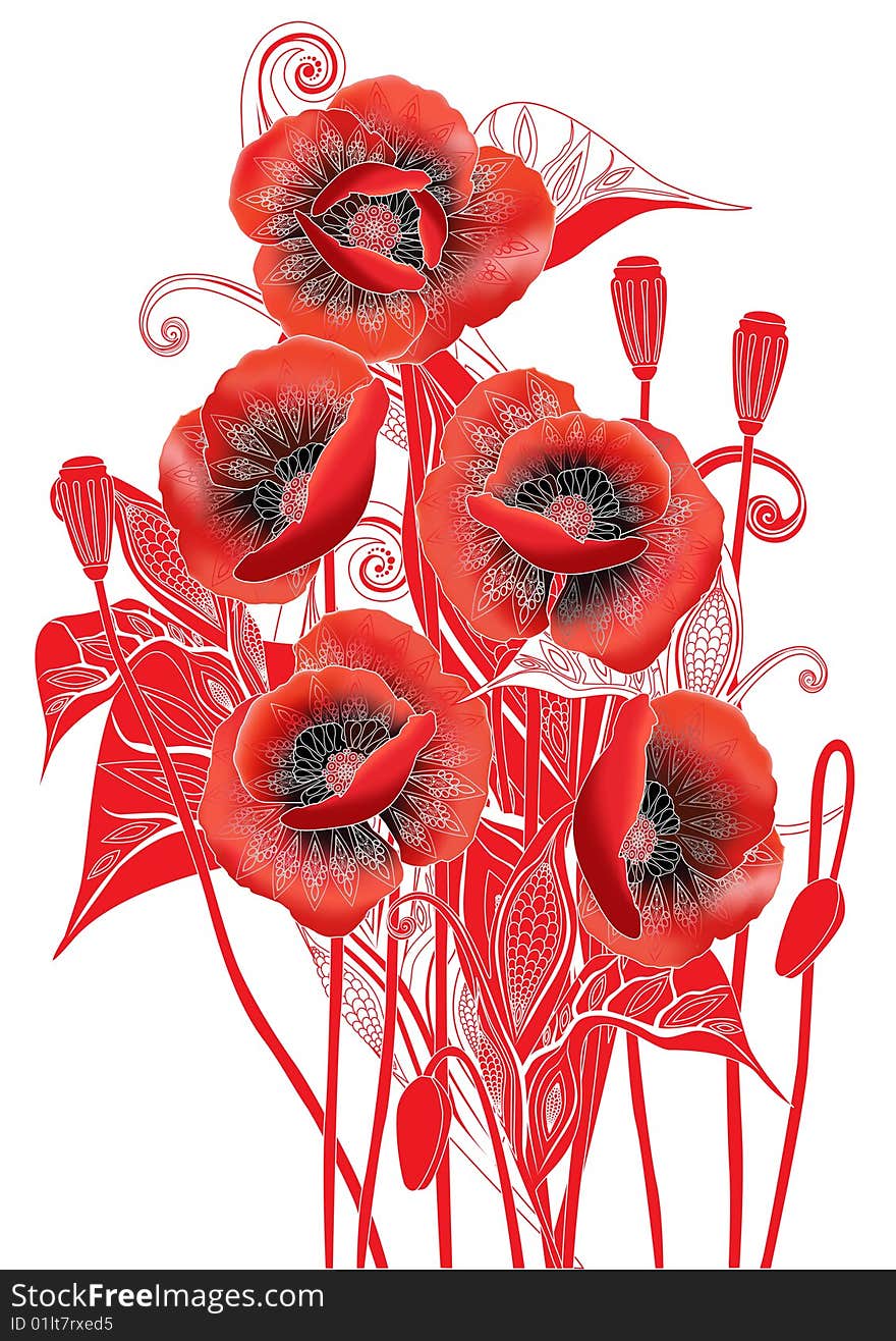 red poppies with a decorative pattern on a white background. red poppies with a decorative pattern on a white background