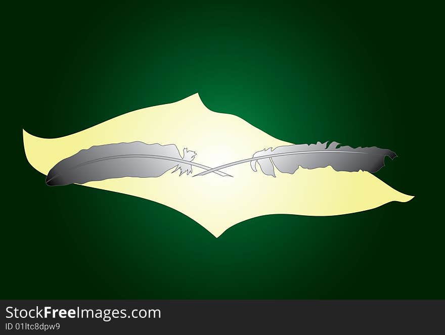 Vector illustration of two feathers for the letter and a sheet of paper on a green background