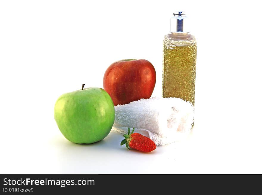 The apples and strawberry isolated on white. The apples and strawberry isolated on white