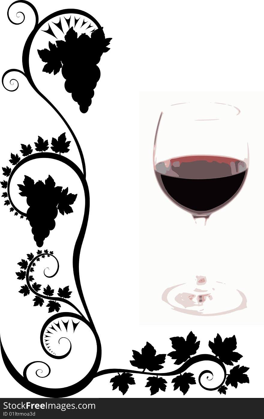 A wine glass on a white background with black flourishes. A wine glass on a white background with black flourishes