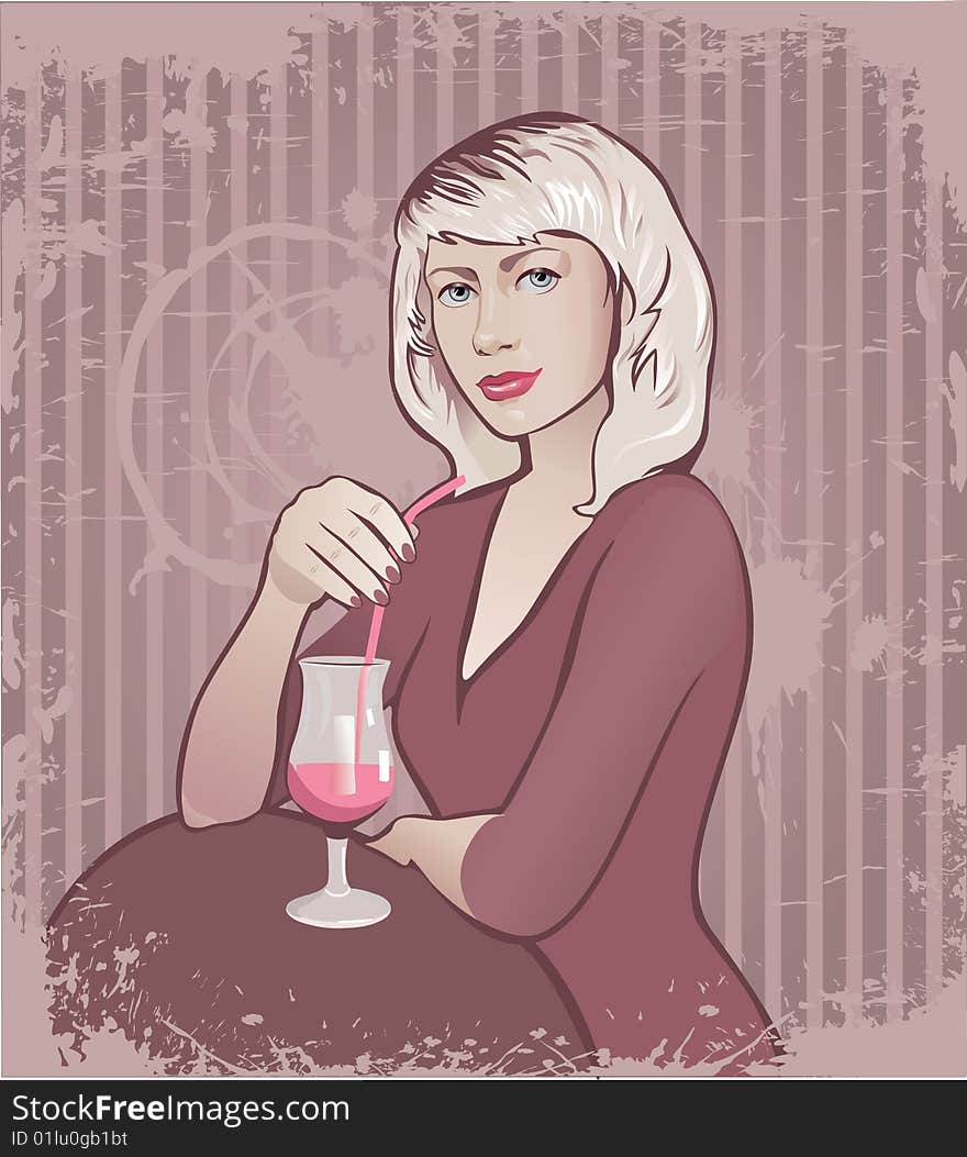 Woman with drink on a pink background. Woman with drink on a pink background