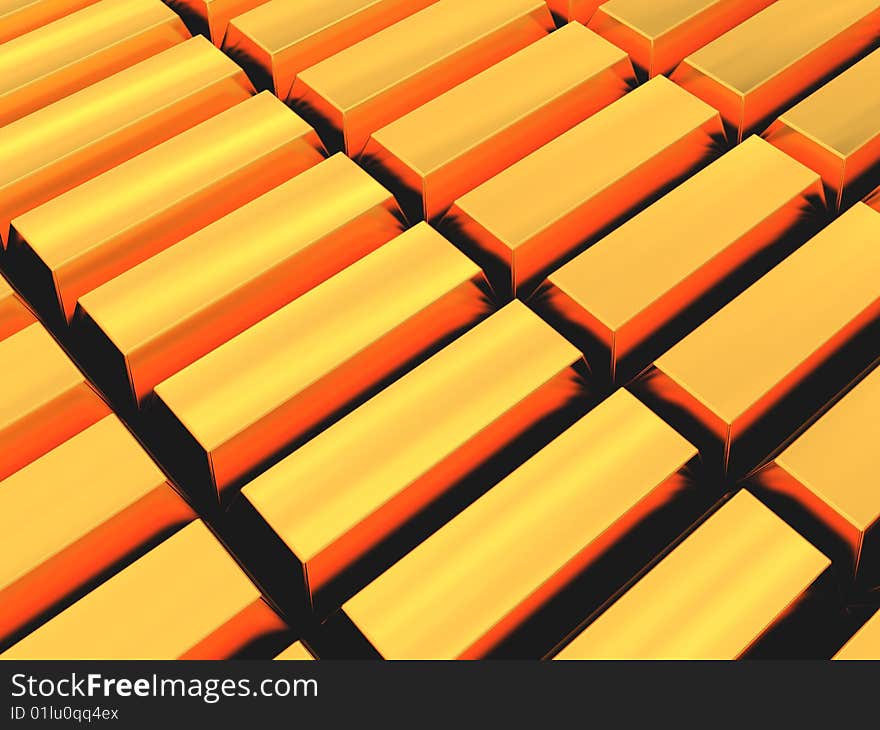 3d illustration of golden bricks rows background. 3d illustration of golden bricks rows background