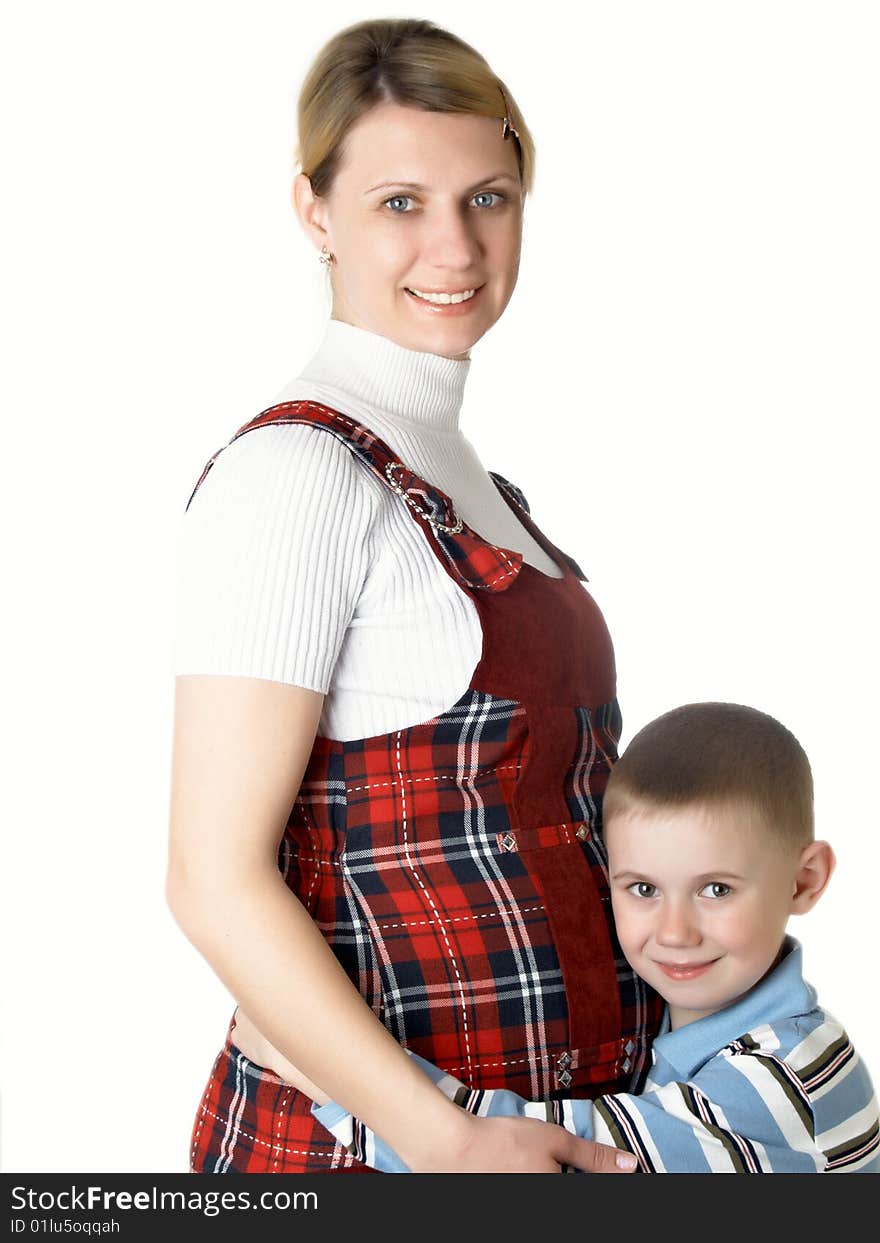 Pregnant mum with the son on isolated. Pregnant mum with the son on isolated