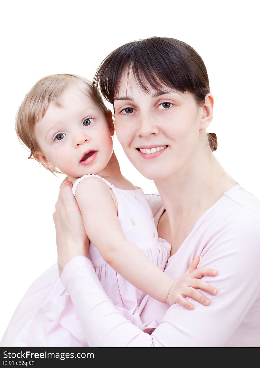 Portrait of a little girl with mom - isolated on white