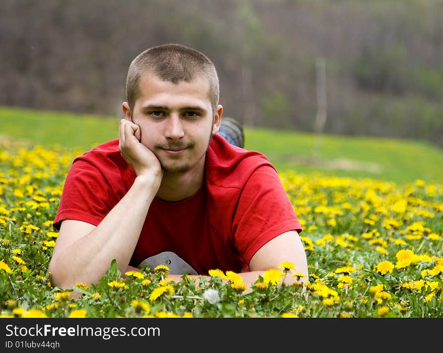 Handsome Young Man Laying In A Meadow