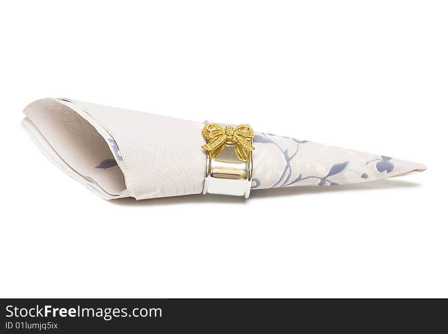 Paper napkin with gold bows on white background