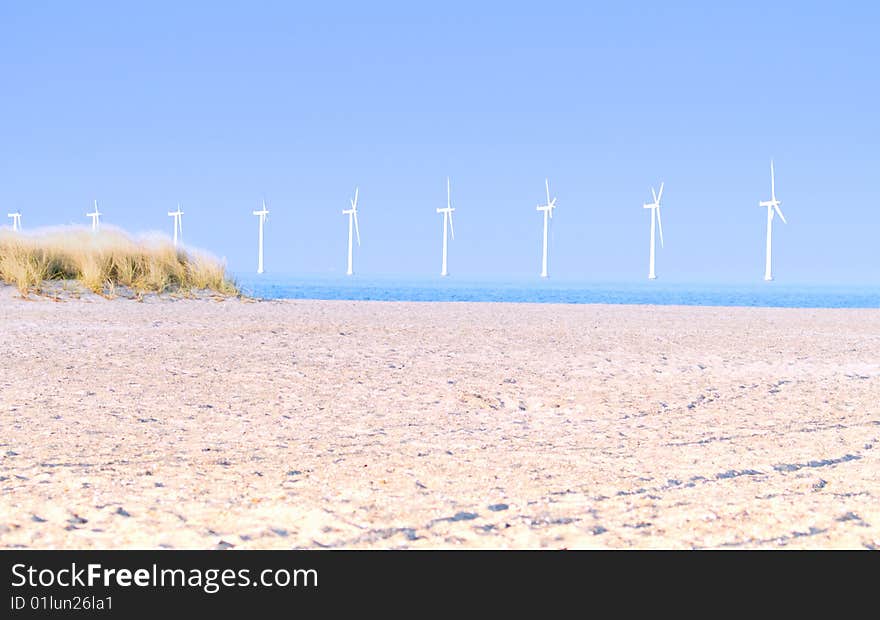 Landscape of a clean modern beach with wind  generators