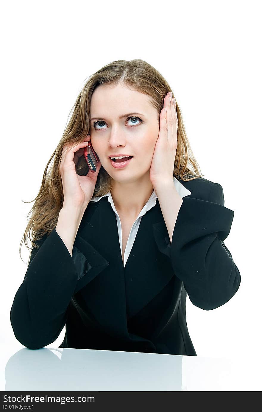 Young business lady has conversation by phone. Young business lady has conversation by phone