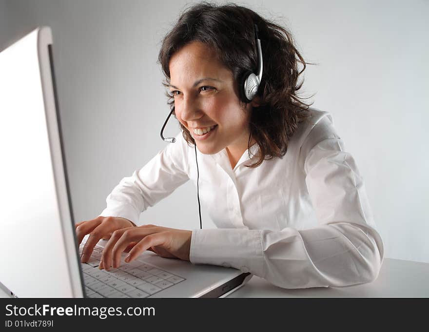 Business customer support operator woman smiling