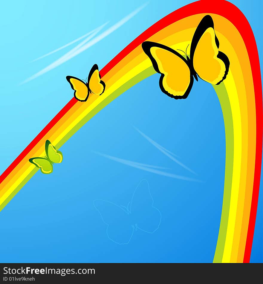 Butterflies around the rainbow - sky on the back. Butterflies around the rainbow - sky on the back