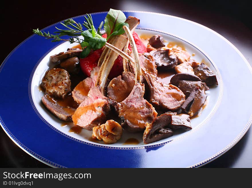 Fried veal on a dish with a blue border. Fried veal on a dish with a blue border.