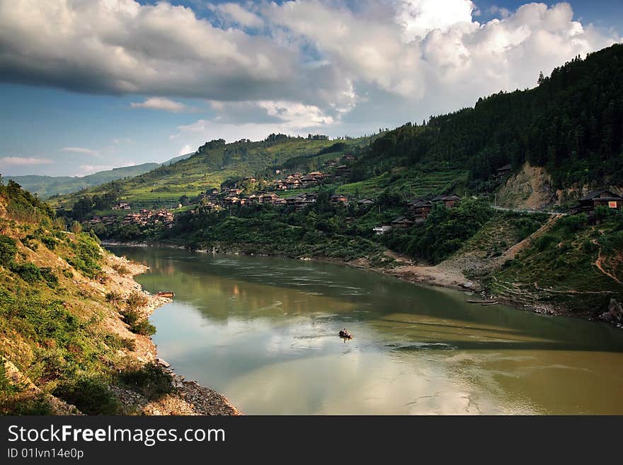 River with mountains in the guizhou china.