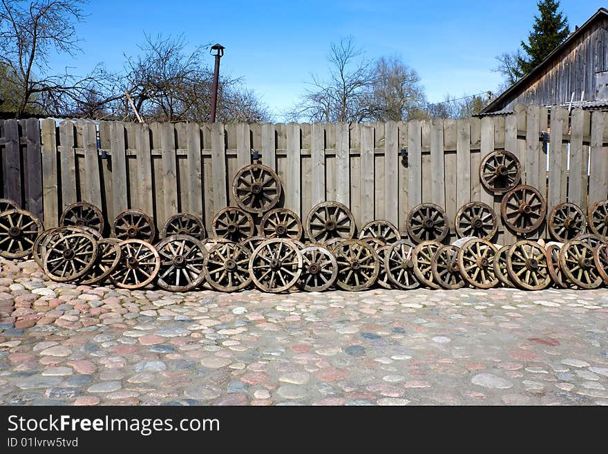 Collection old wheels of the horse cart